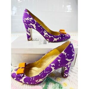 J. Crew Purple Floral Print Heels with Orange Bow Made in Italy Women's Size 8.5